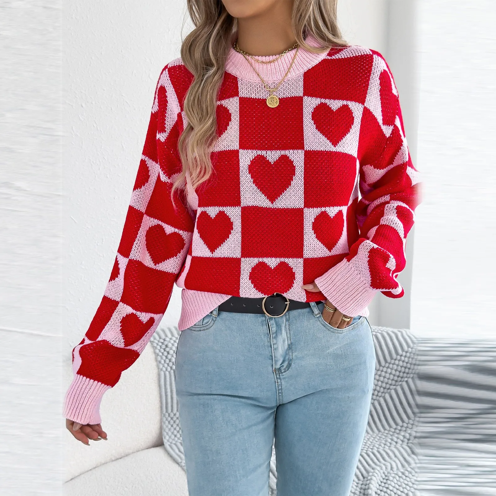

Women'S Round Neck Contrasting Plaid Love Long-Sleeved Pullover Sweater Ropa De Mujer Winter Clothes Woman Sweater For Woman