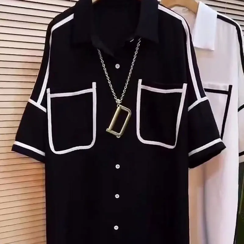 Blusa holgada de Color liso con cuello de Polo, camisa informal con bolsillos de un solo pecho, decoración de líneas brillantes que combina con