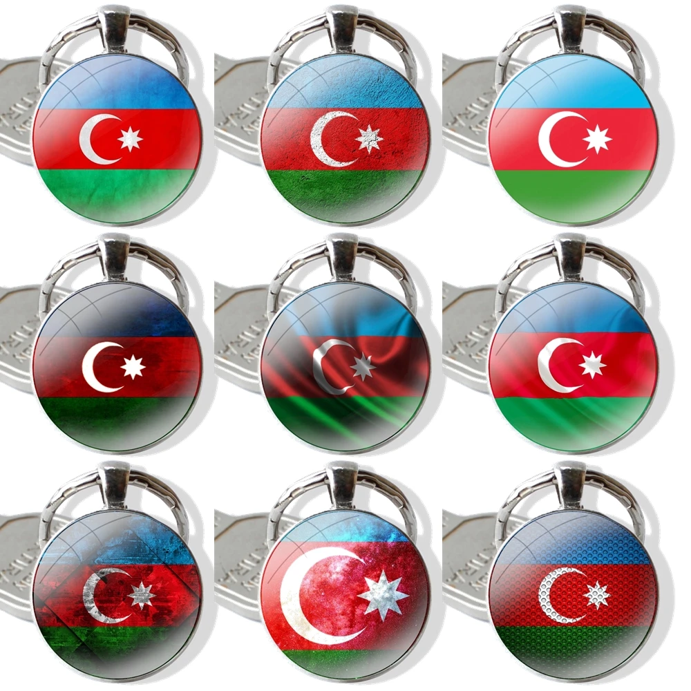 Porte-Clés avec Cabochon en Verre Fait à la Main, Drapeau d'Azerbaïdjan Buta, Pendentif