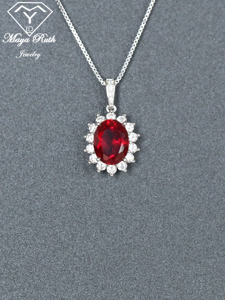 Lab Created Ruby Real Echt 925 Sterling Silver Party Pendant For Women Gemstone Halo Diana Princess Oval Shape Female Lover Gift