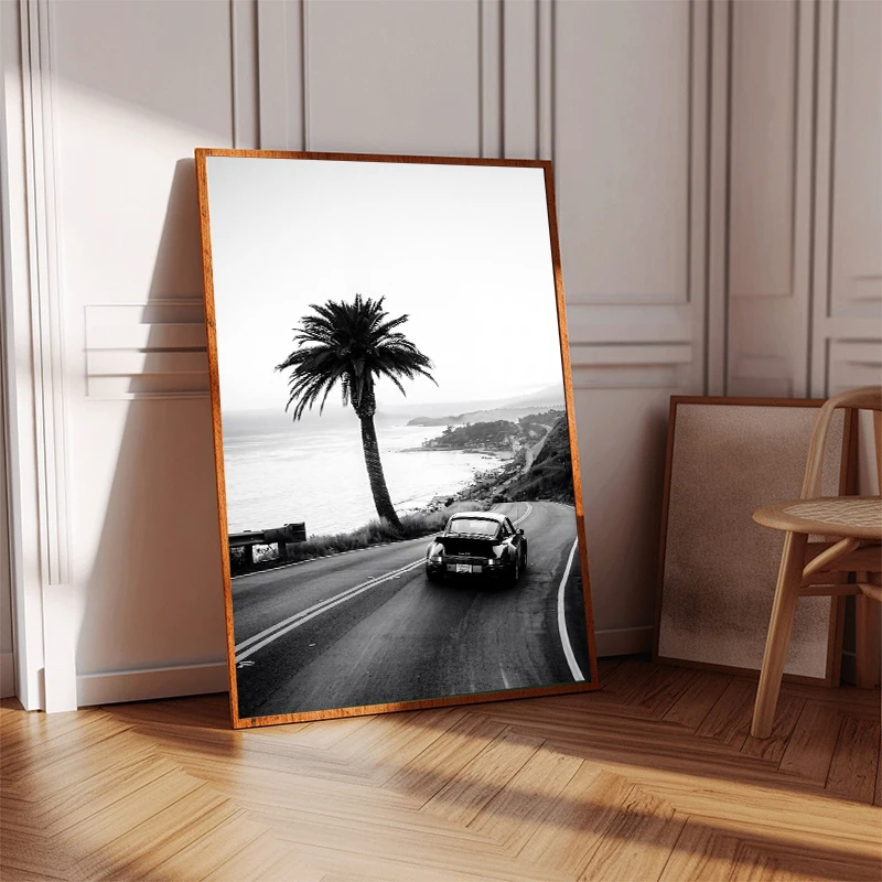 Black White Sea Beach Palm Tree Car Surfer Beach Surfboard Girl Vintage Posters Canvas Painting  Prints Room Home Decor