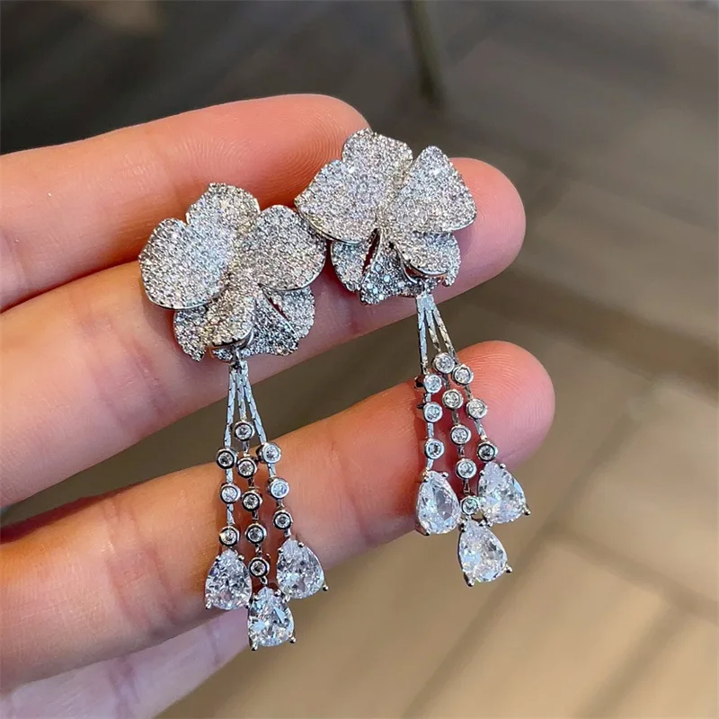 Luxury Flower drop long earrings bridal gorgeous sparkling banquet ear accessory for women
