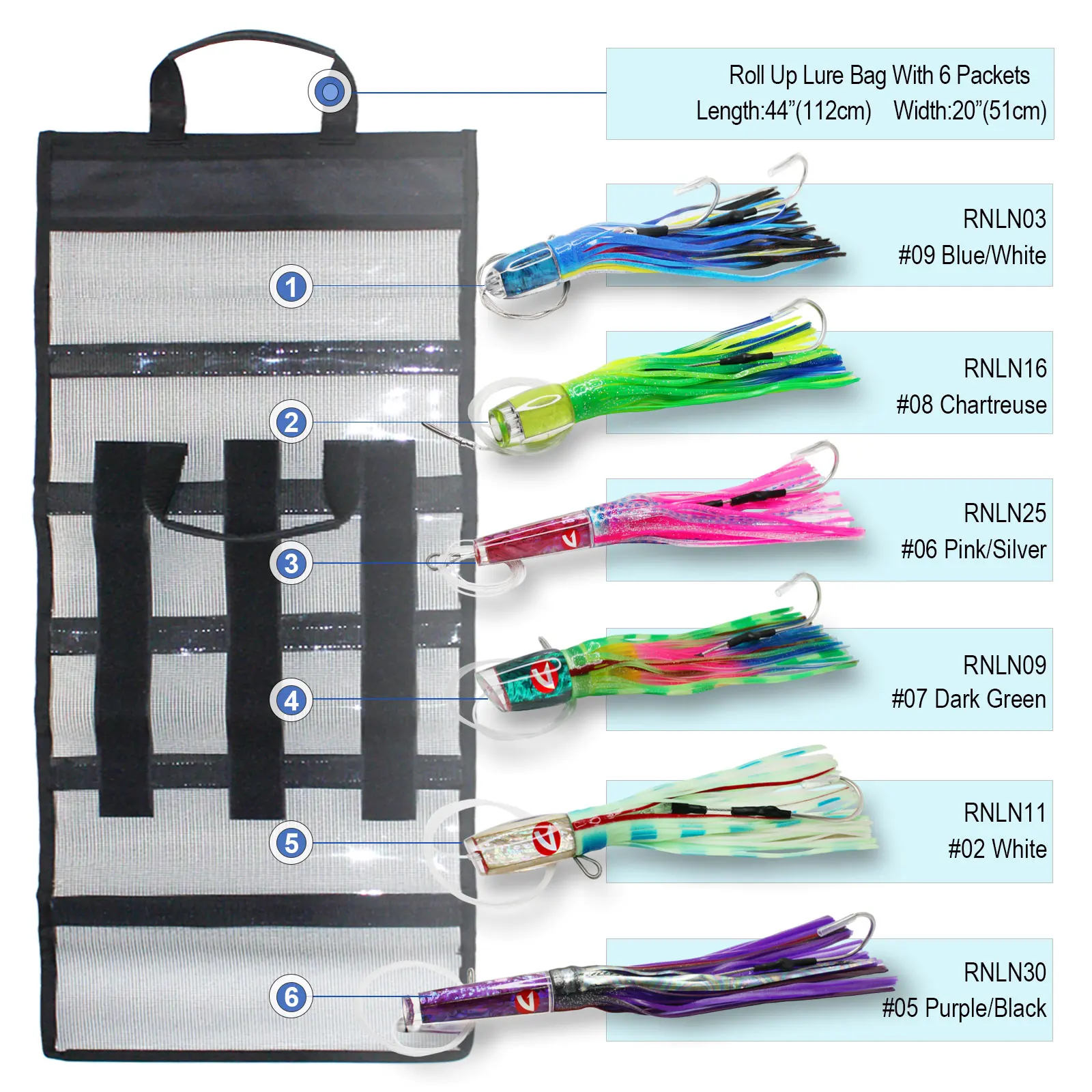 Marlin Trolling Lure Kit – 6pc Pre-Rigged Blue & Black Marlin Spread ,with pre tied line set and storage roll bag