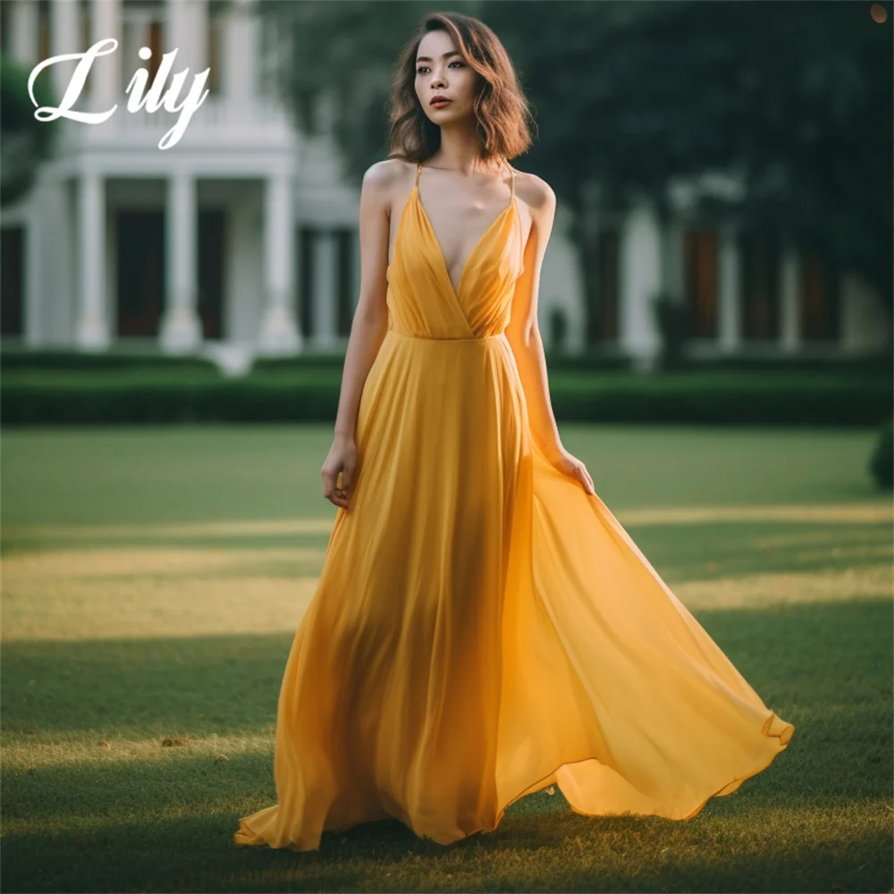 

Lily Yellow Net Evening Dresses V Neck Charming Prom Dress with Pleats A Line Spaghetti Strap Party Dresses vestidos de noche