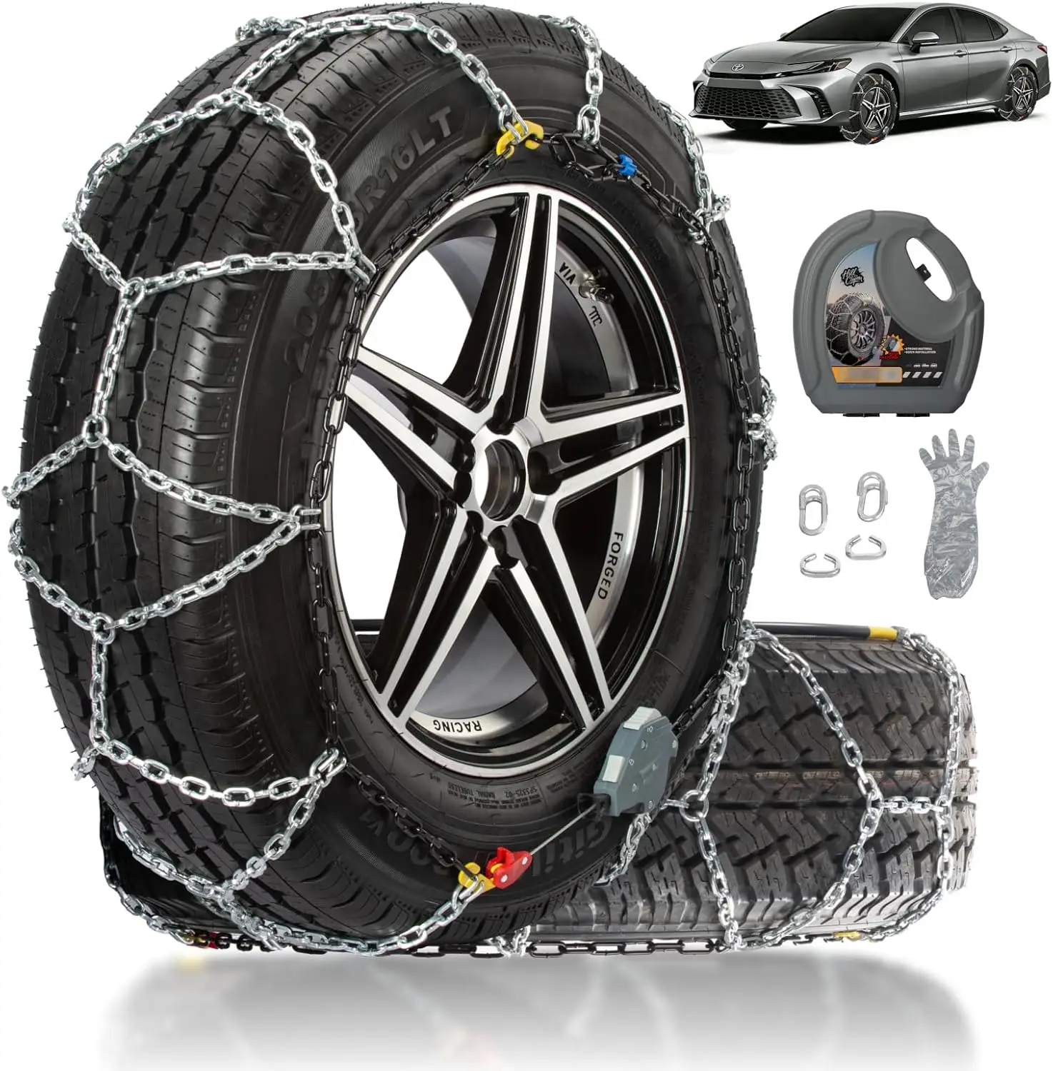 Auto Fixing Snow Chains for Car Tires, Quick Fit & Easy Installation, Portable Reusable Emergency Traction Chain Set of 2