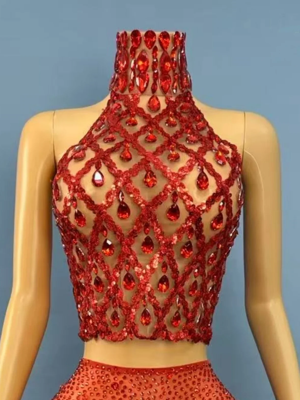Sparkly Gold Rhinestone Mesh Tops Women Sexy See Through Evening Party Birthday Wear Nightclub Stage Performance Costume