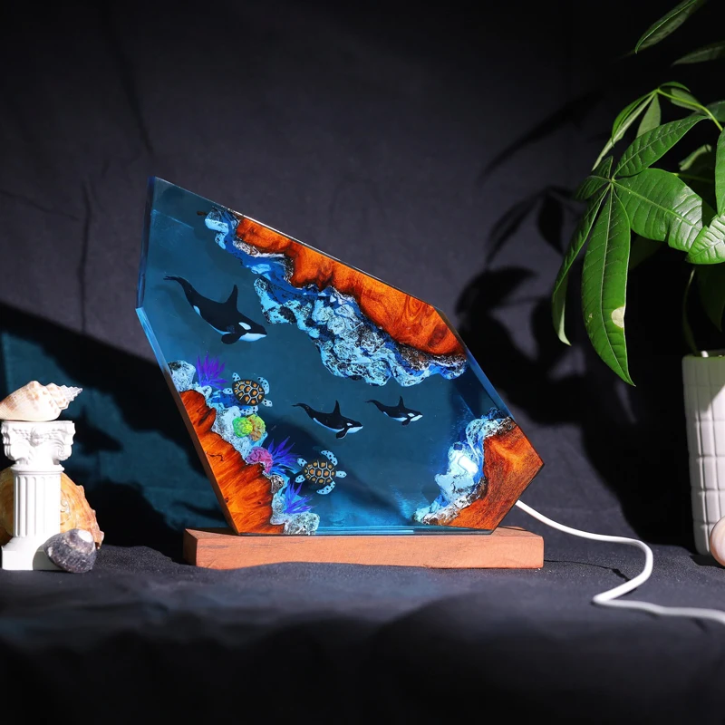 Lampe de table en résine pour l'exploration des fonds marins, veilleuse à thème de tortue et d'épaulard, décoration d'art créatif, chargement USB