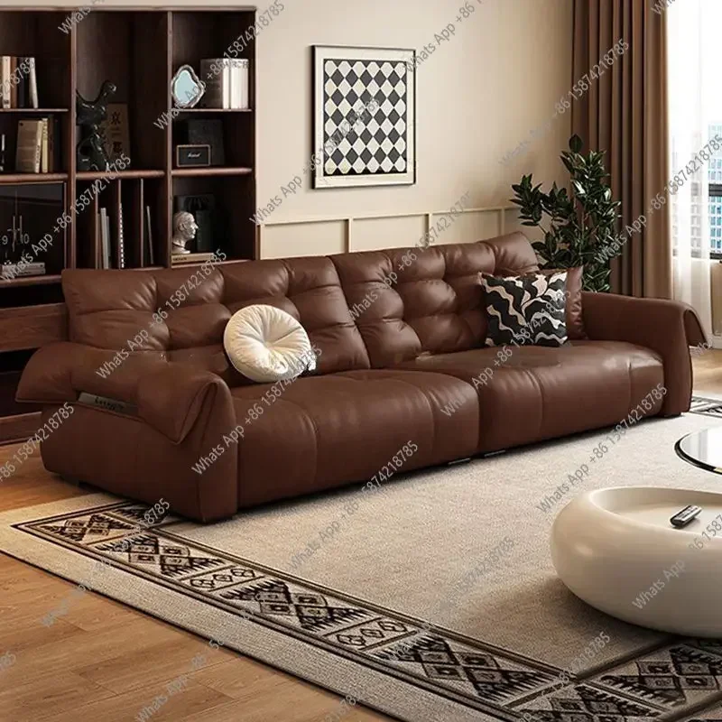 N49 J American Retro Style Oil Wax Leather Little Swan Sofa Straight Row Living Room Sofa Simple First Layer Cowhide Big Seat De