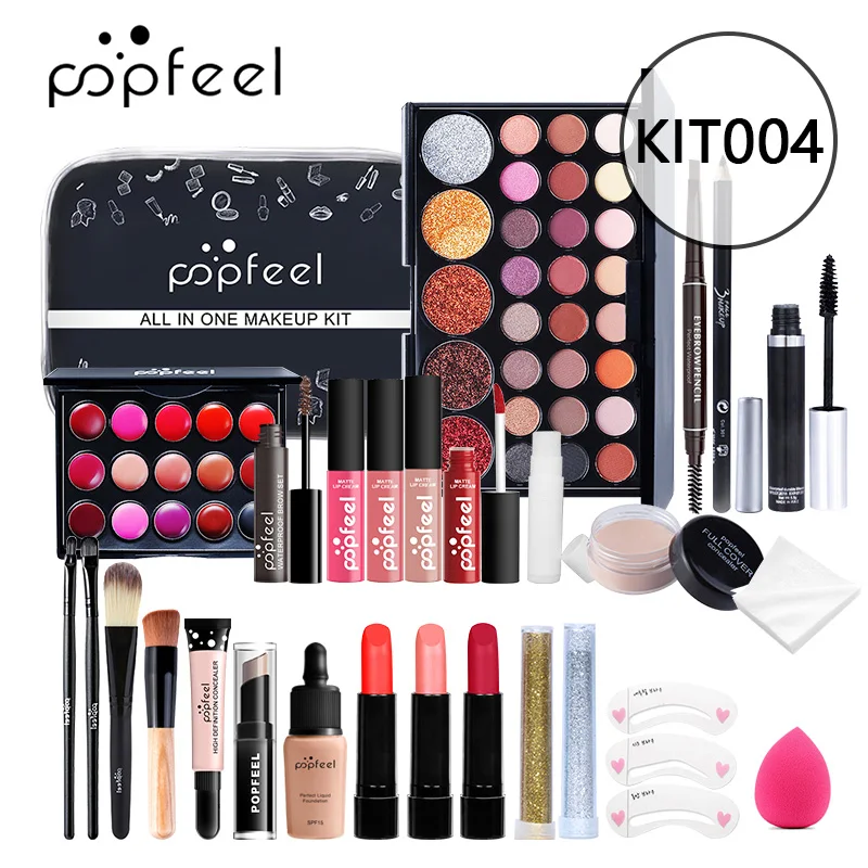 POPFEEL All In One Makeup Set (Eyeshadow, Ligloss, Lipstick, Brushes, Eyebrow, Concealer, Highlight) Cosmetic Bag Eye Shadow Kit