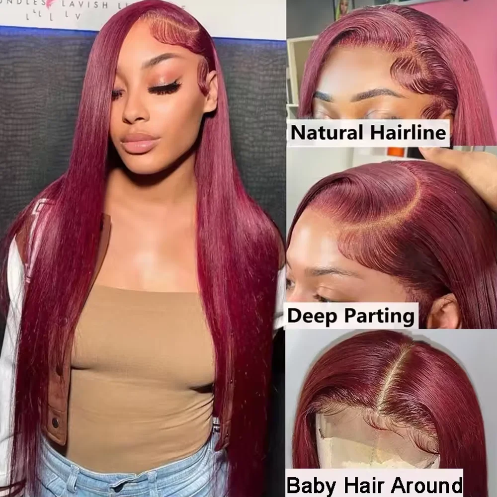 13x4 بورجوندي مستقيم الدانتيل الجبهة الباروكات شعر الإنسان مستقيم Hd الدانتيل الباروكات الأمامية الملونة الأحمر 99J خصلات الشعر المستعار الإنسان للنساء