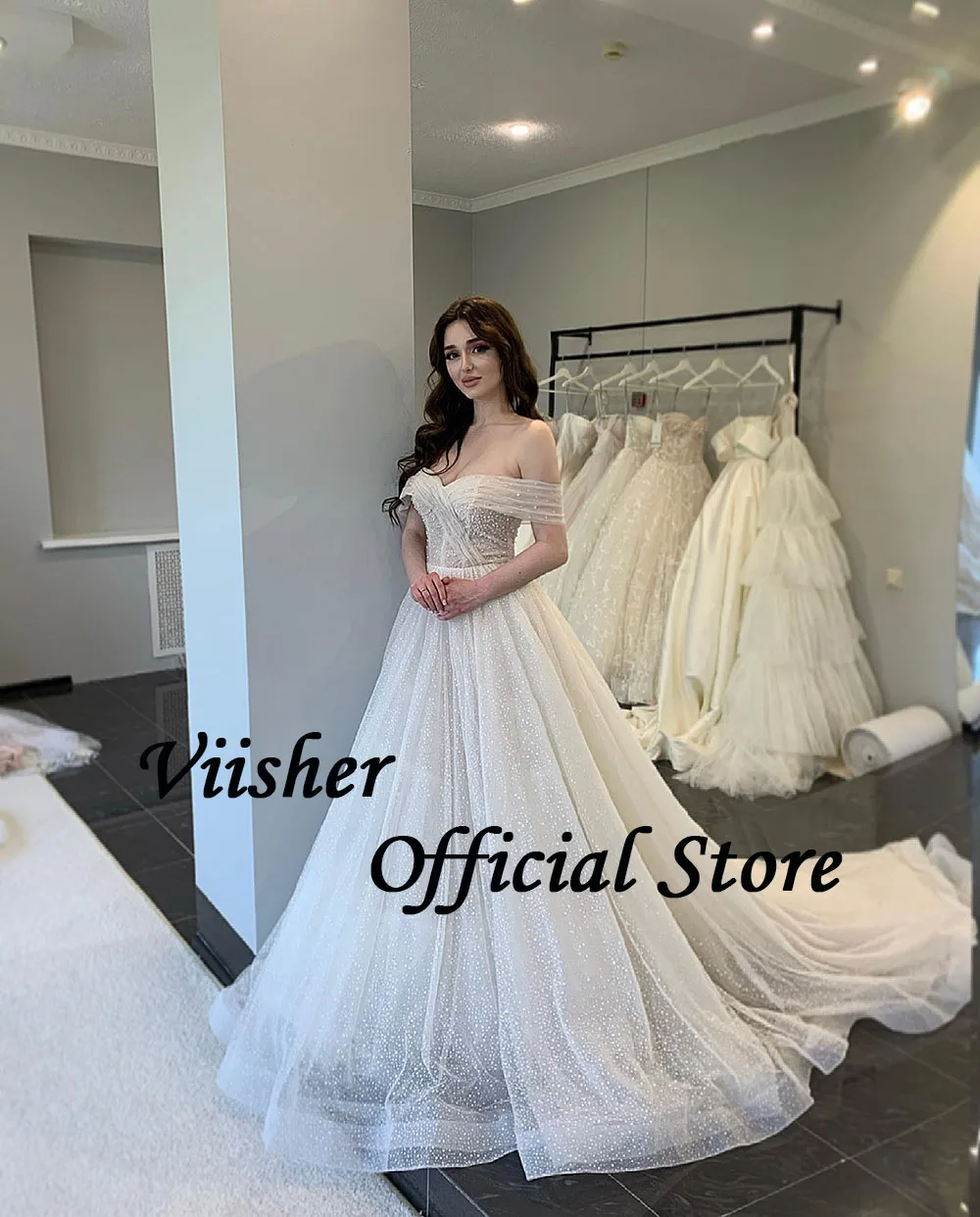 Viisher Sparkly Tulle A Line abiti da sposa Off spalla Sweetheart Princess abiti da sposa lunghi abiti da sposa da chiesa