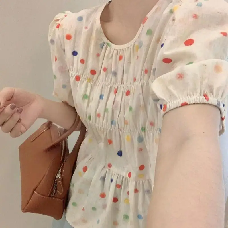 Sweet Loose Puff Sleeve Shirt Women Summer New Colorful Polka Dot Blouse Women Elegant Round Neck Pleated Slim Lady Tops 1975