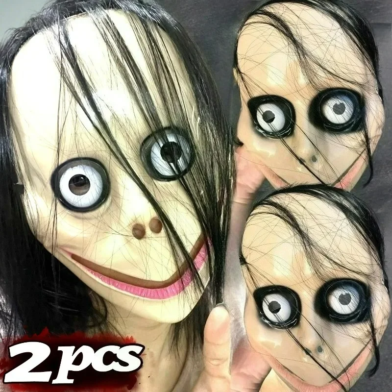 

1/2Pcs Horror V-shaped Mouth Mask Halloween Unisex Cosplay Smiling Demons Long Hair Female Props Party Masquerade Clothing Mask