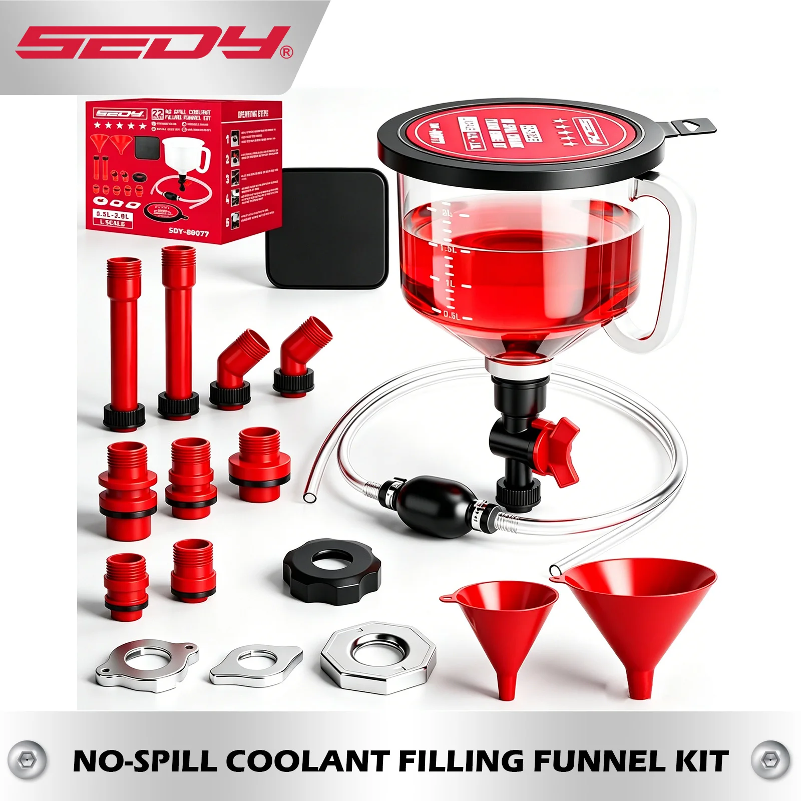 SEDY 22 piezas Kit de embudo de llenado de refrigerante sin derrames y bomba de manguera de sifón Kit de embudo a prueba de derrames de llenado de refrigerante de radiador con adaptadores