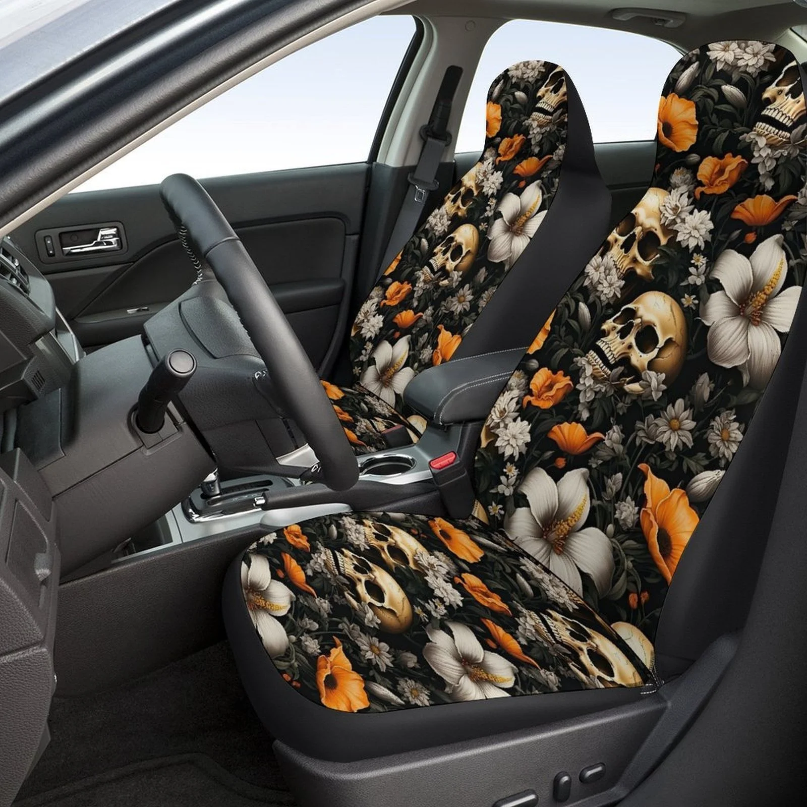 

2pcs Of Breathable And Non-Slip Car Front Covers With A Skull And Flower Design.