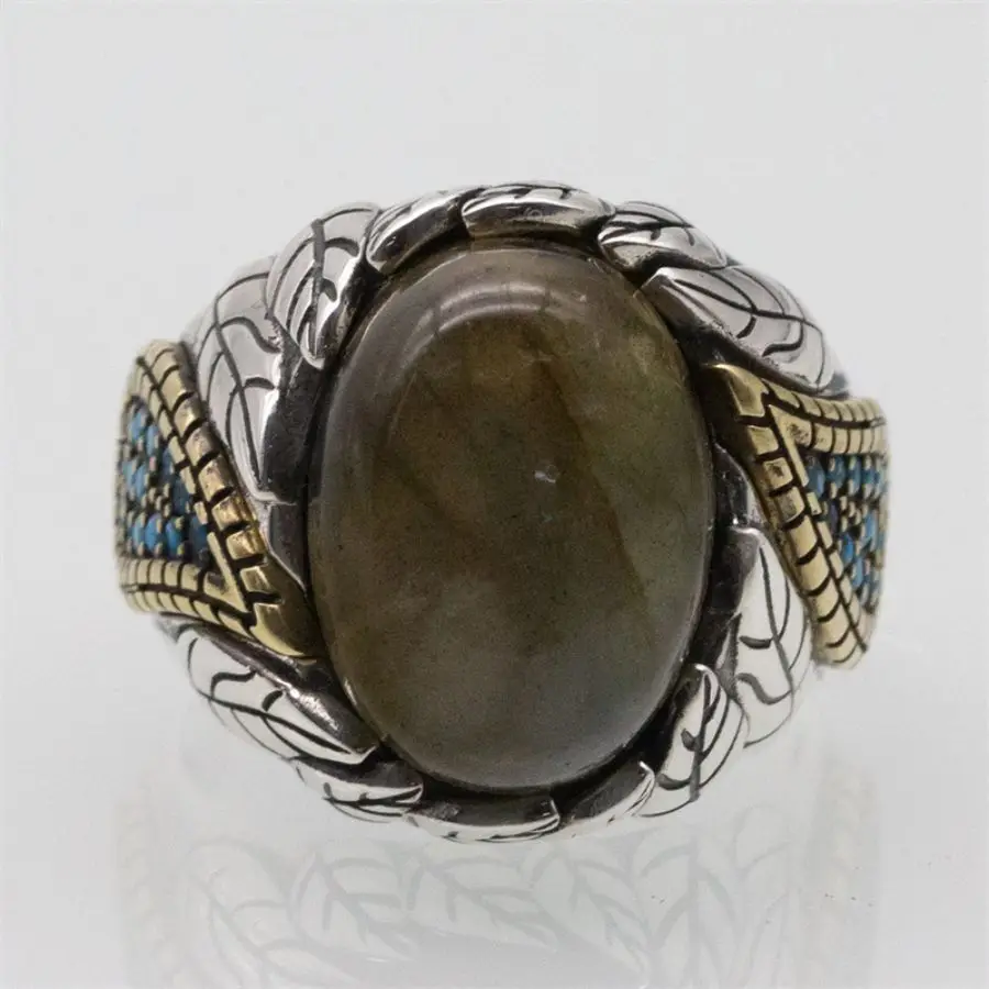 Real 925 Sterling Silver Italian Men Rings Wedding Fashion Rings Natural Labradorite Stone Handmade Vintage Ring