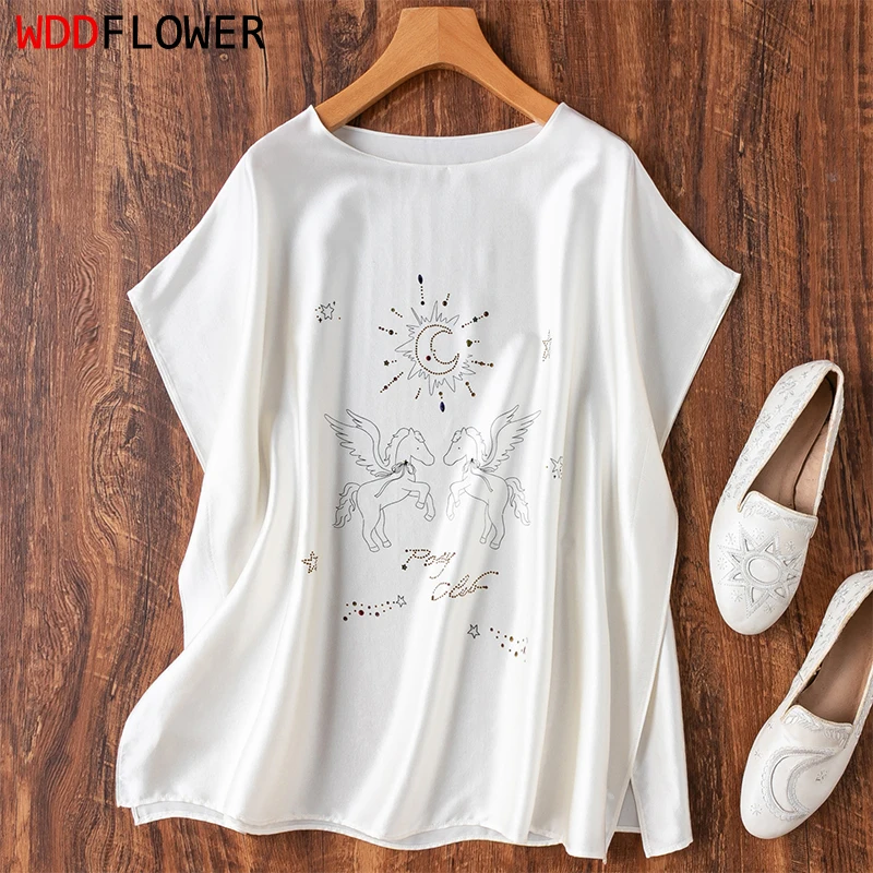 

93% Mulberry Silk 7% Spandex Loose Type White Horse Printed Cap Sleeve Women Silk Shirt Casual Top Blouse Pullover Summer M1657
