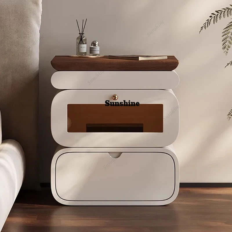 Rustic Nordic Bedside Table With Secret Compartment Safe Curved Cream Nightstand Unique Chic Mesitas De Noche Furniture For Home
