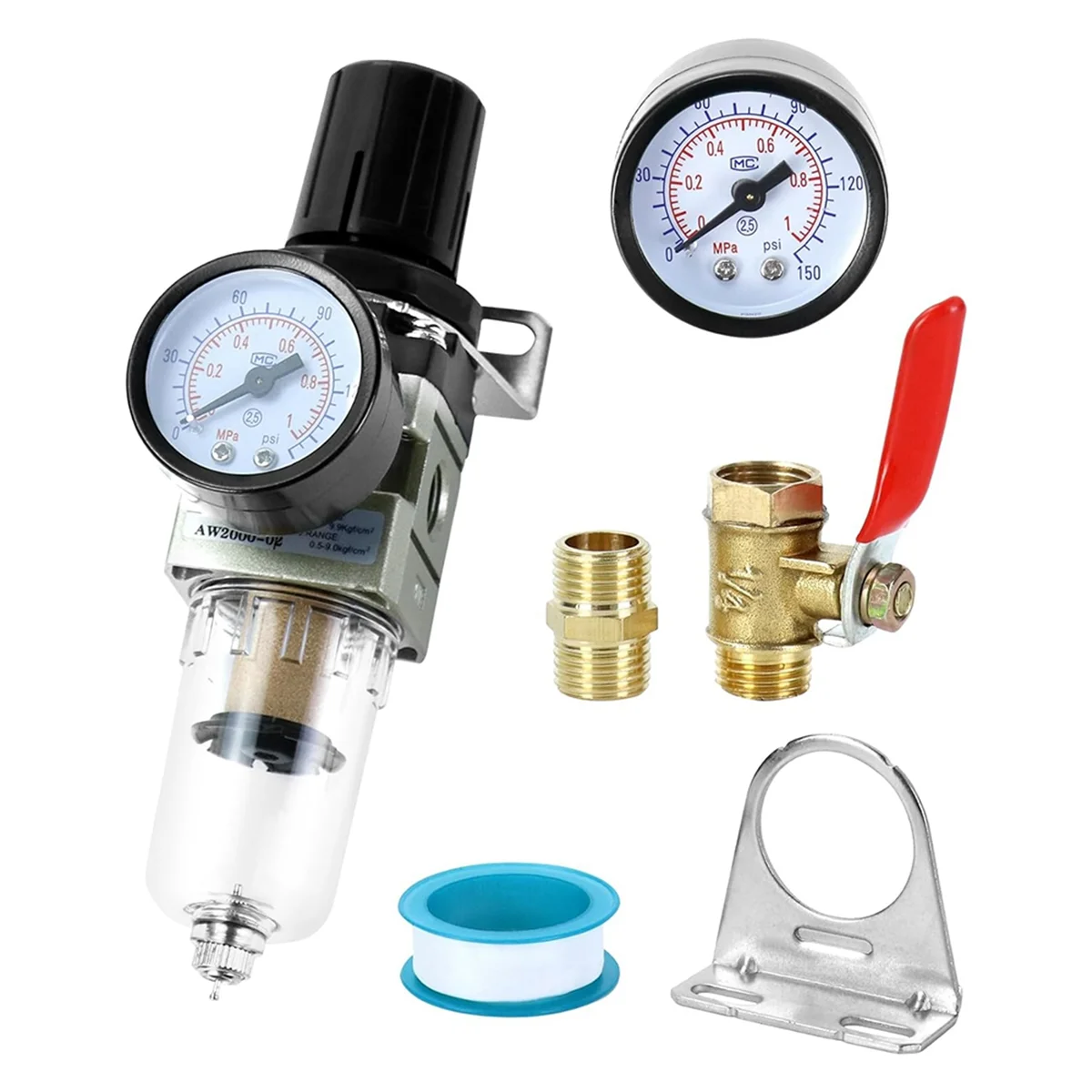 A22I 1/4 Inch Air Compressor Filter Regulator Combo AW2000-02 - Brass Elements, 150 PSI Max Pressure, Compact Design