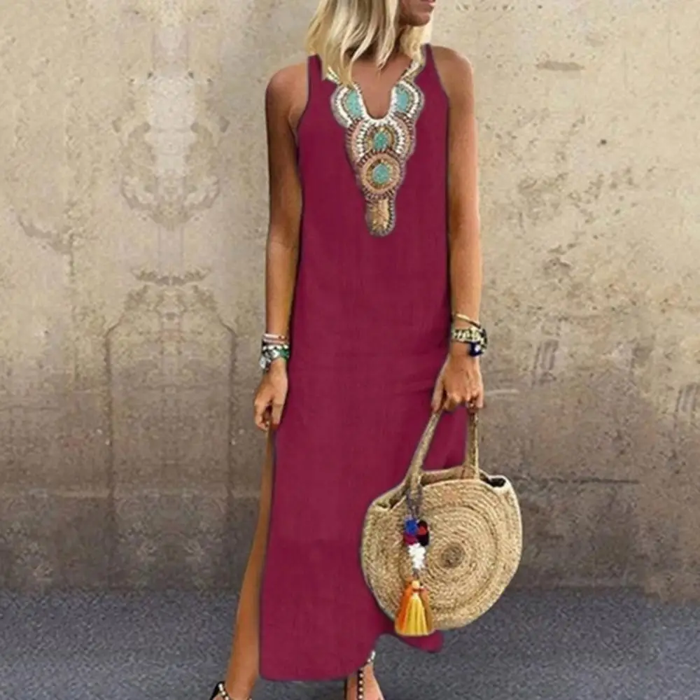 HOT Summer Women Paisley Print scollo a V senza maniche Split Maxi abito caftano allentato in lino