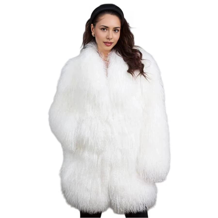 

White Mongolian Fur Coat Women Long Tibetan Lamb Coats Winter Warm Ladies Sheep Skin Jackets Best Selling