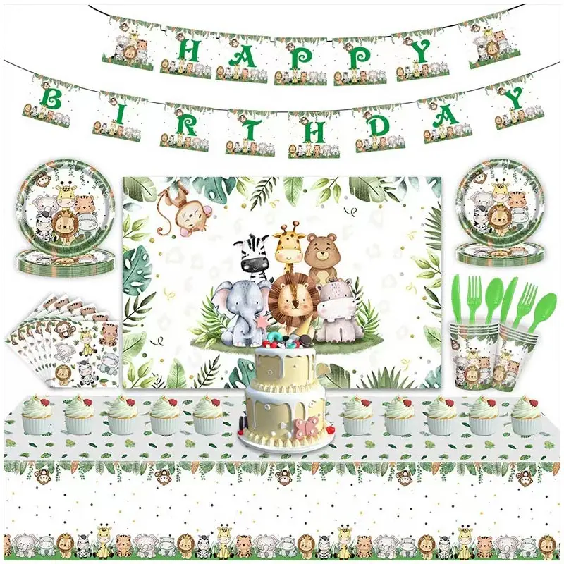 Jungle Birthday Party Decoration Cartoon Animal Theme Tableware Cup Plate Balloon Wild One Safari Party Supplies For Baby Shower