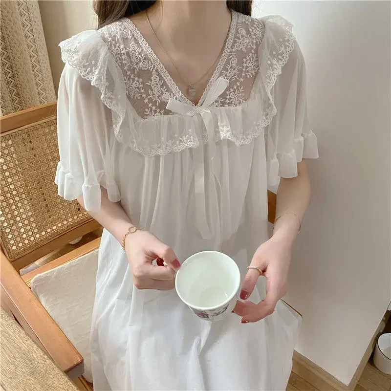 Sweet White Night Dress Korean Style Women\'s Pajamas Summer Night Wears for Women Sleepwear Solid Lace Mesh Patchwork Nightgown