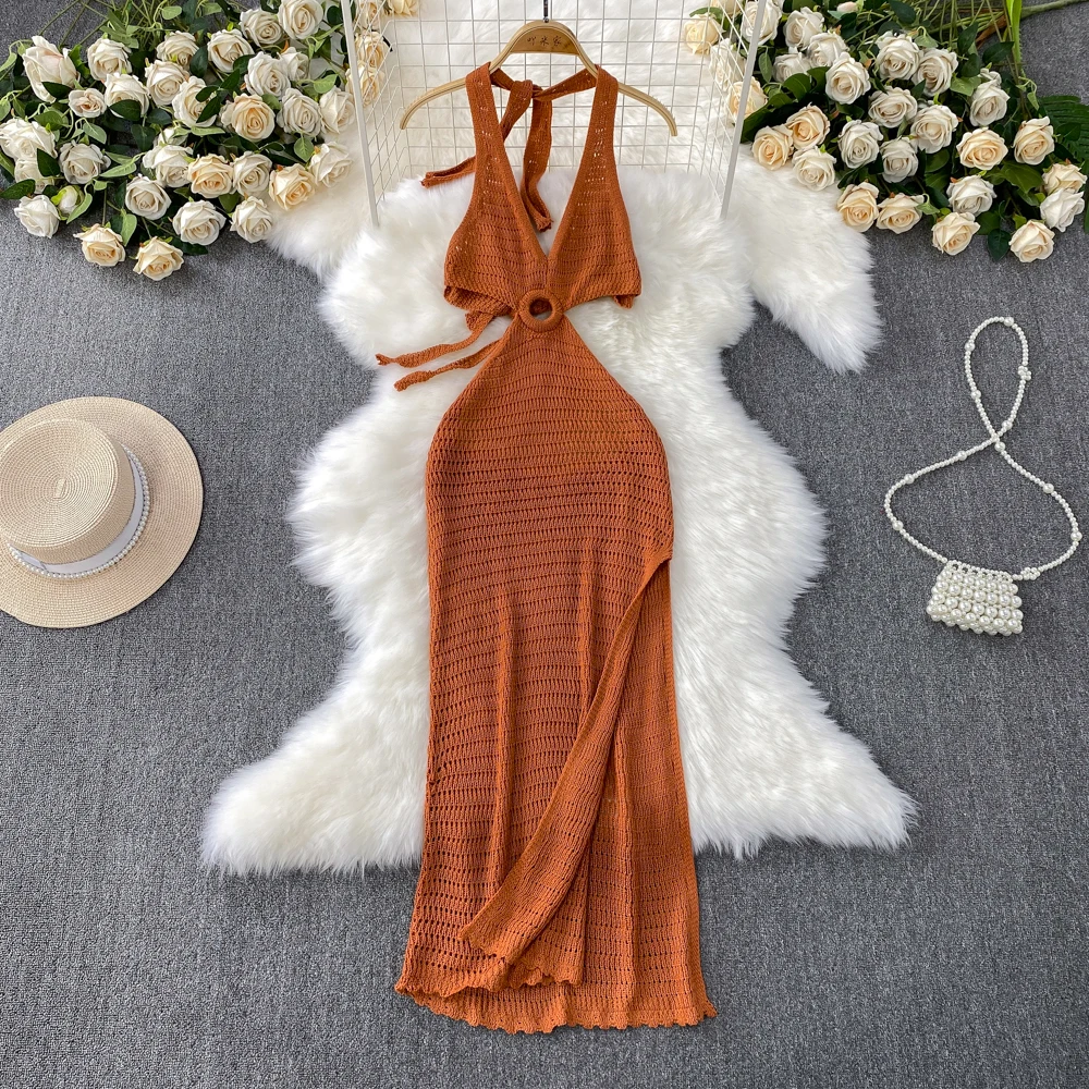 Frauen Tropical Gestrickte Split Kleid Ethnische Böhmische Bikini Abdeckungen Aushöhlen Vintage Strand Neckholder Bandage Hotsweet Sheer Kleider