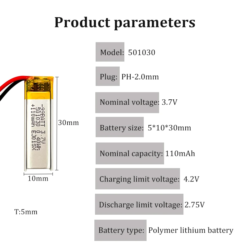 Bateria 501030 110mAh 3.7V Litowo-polimerowa Akumulatorowa Bateria 601030 501230 do Bezprzewodowego Zestawu Słuchawkowego Bluetooth Tws Pióro Indukcyjne — zdjęcie produktu 5