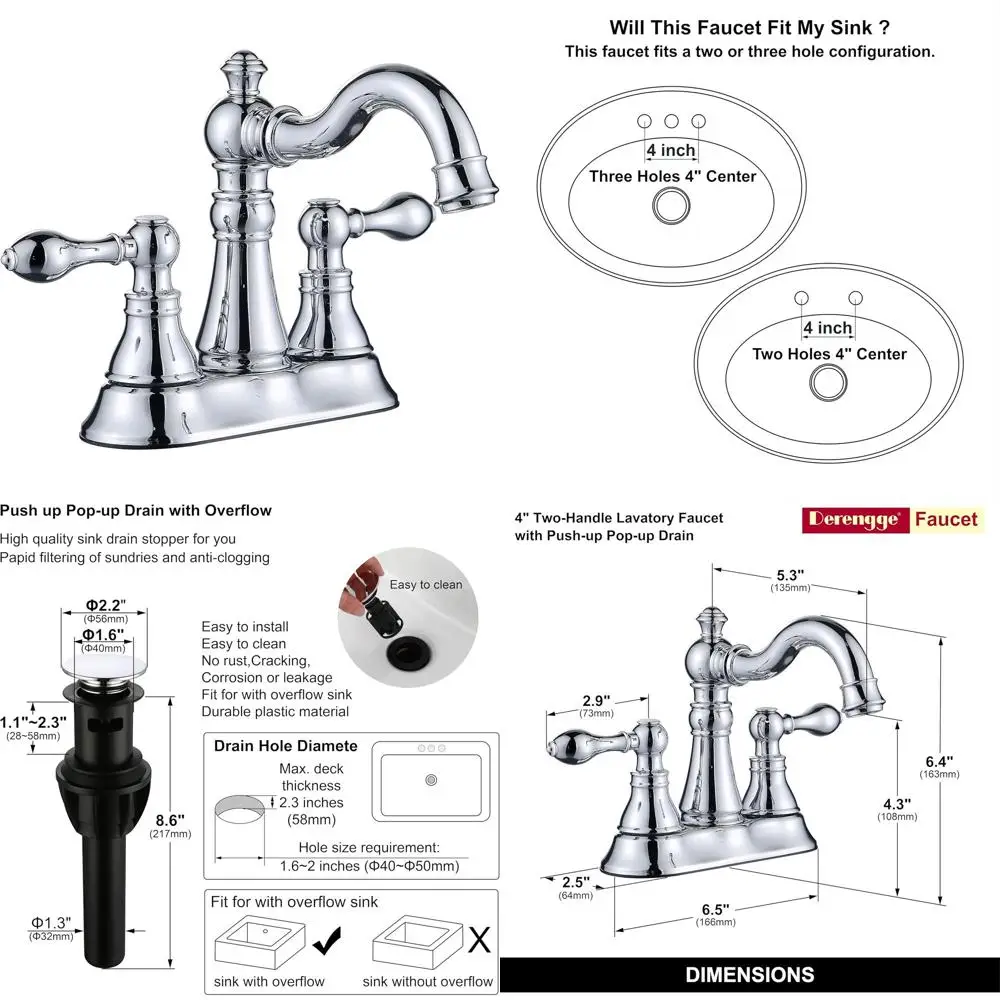 

3-Hole Polished Chrome Bathroom Sink Faucet with Pop-Up Drain, 4 Centerset, Model F-0048-CP