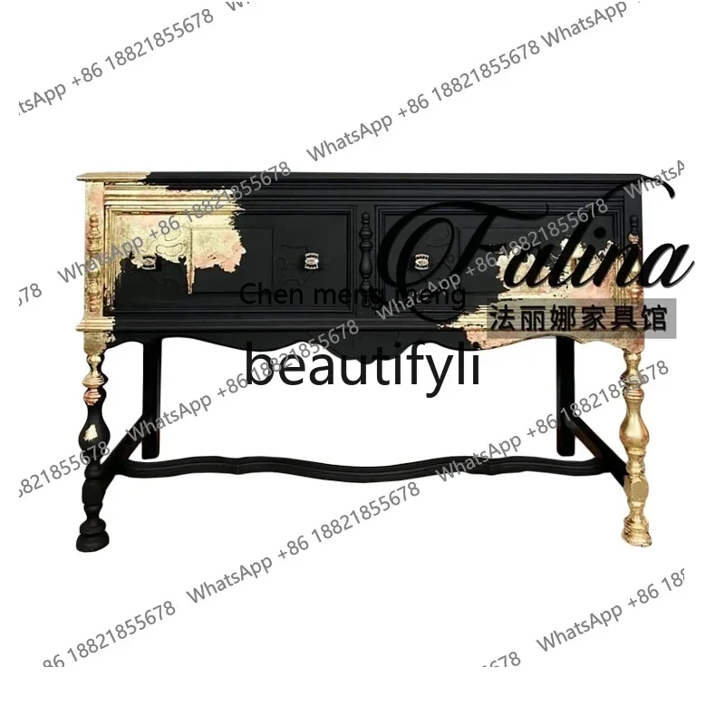 

French neoclassical retro entrance cabinet solid wood carving flower art painting foyer dining side cabinet decorative locker