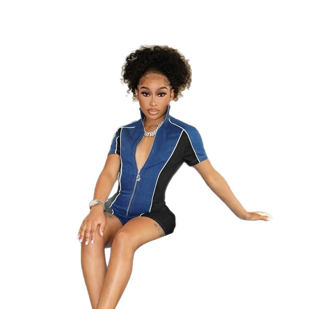 2025 Spring and Summer Fashion New Sexy Stand Collar Zipper Casual Short Sleeve Denim Colorblock Jumpsuit