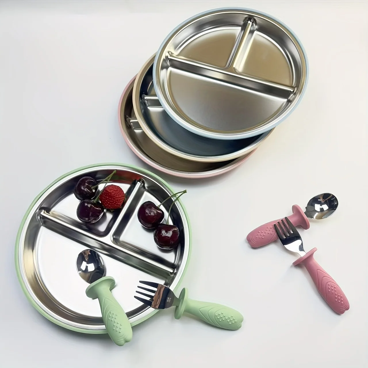 

3-pack stainless steel cutlery tray, baby feeding tray, removable suction cup, BPA-free silicone baby training spoon