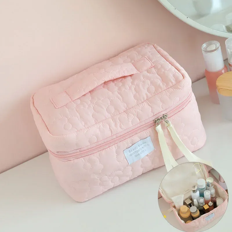 Flower Women\'s Cosmetic Bag Portable Ladies Makeup Purse Travel Storage Bags Large Capacity Quilted Cotton Tote Handbags