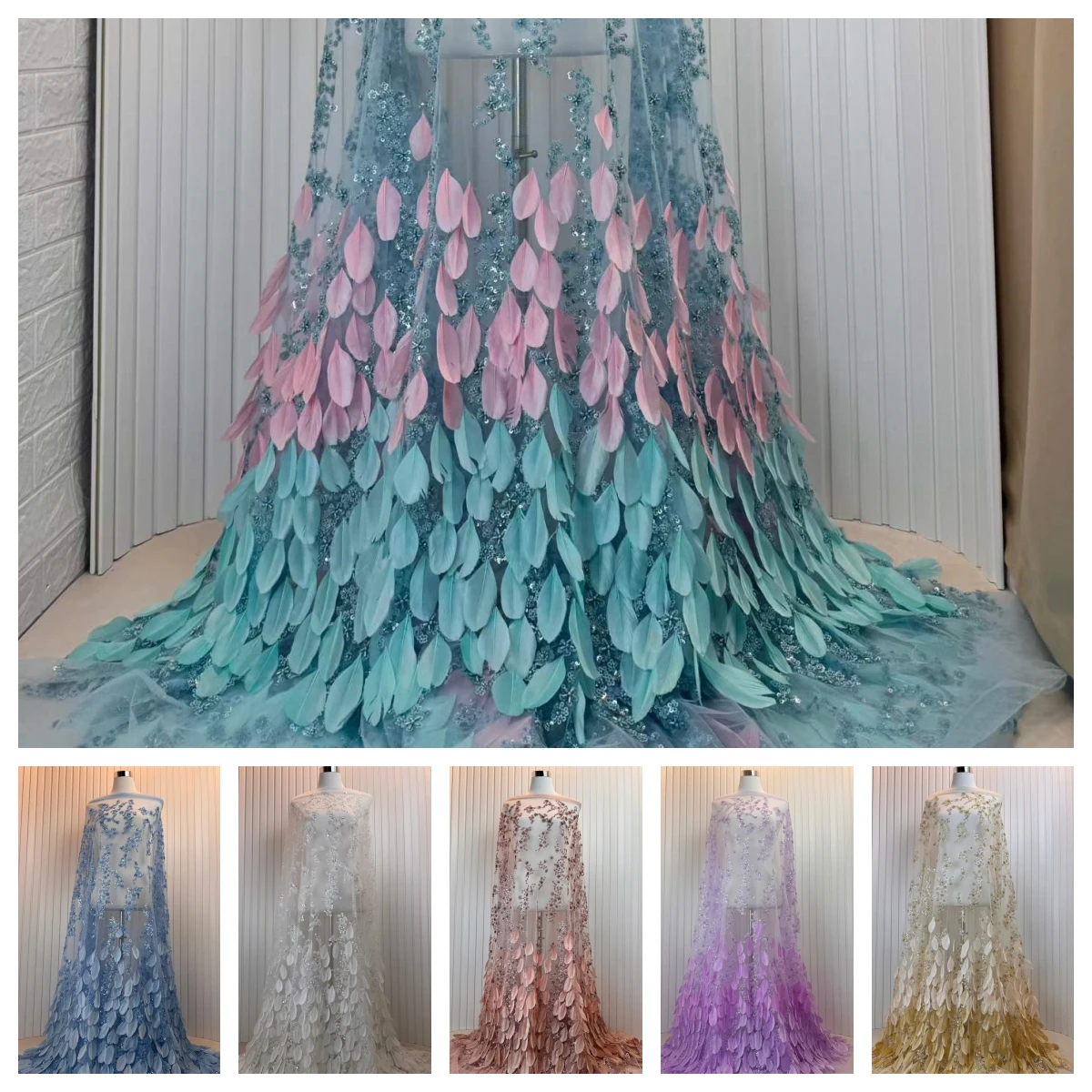 光沢のある刺繍スパンコールフェザーアフリカンレース生地、ドレス縫製、結婚式、高品質、幅125cm、ヤード単位販売