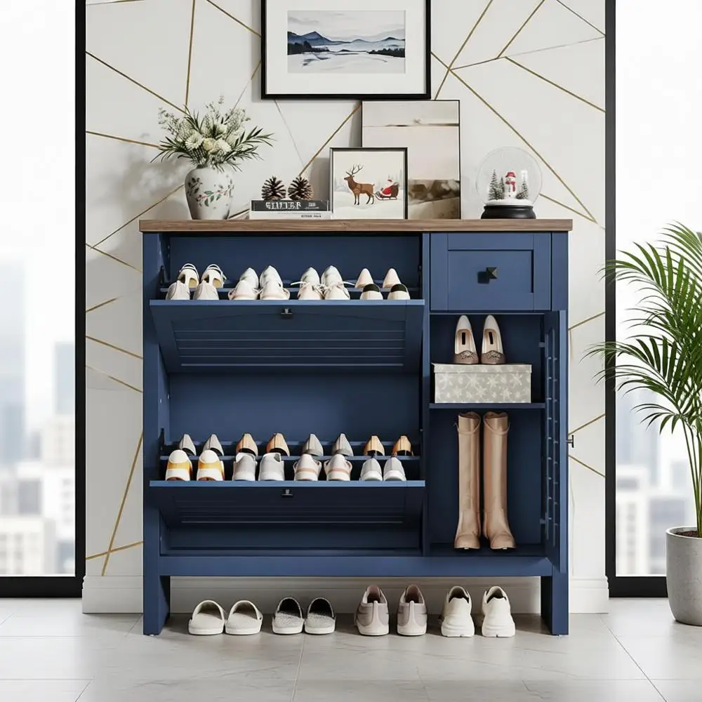 Scarpiera blu navy con 2 cassetti, 1 cassetto, armadietto laterale, organizer per scarpe ventilato e ripiani regolabili per ingresso