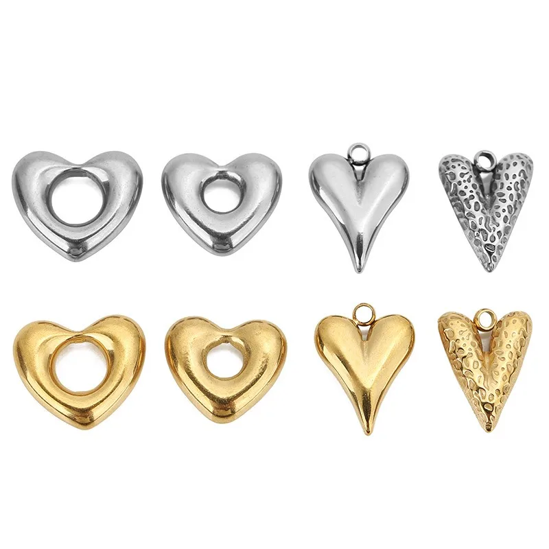 Ciondolo a forma di cuore grande in acciaio inossidabile placcato oro / argento, struttura lucida 18 carati, accessori per gioielli, collana, braccialetto fatto a mano fai da te