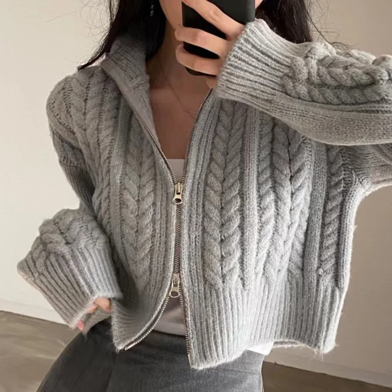 Korean Fried Dough Twists Sweater Coat Female Autumn Winter Retro Temperament Student Double Zipper Solid Knitting Cardigan Top