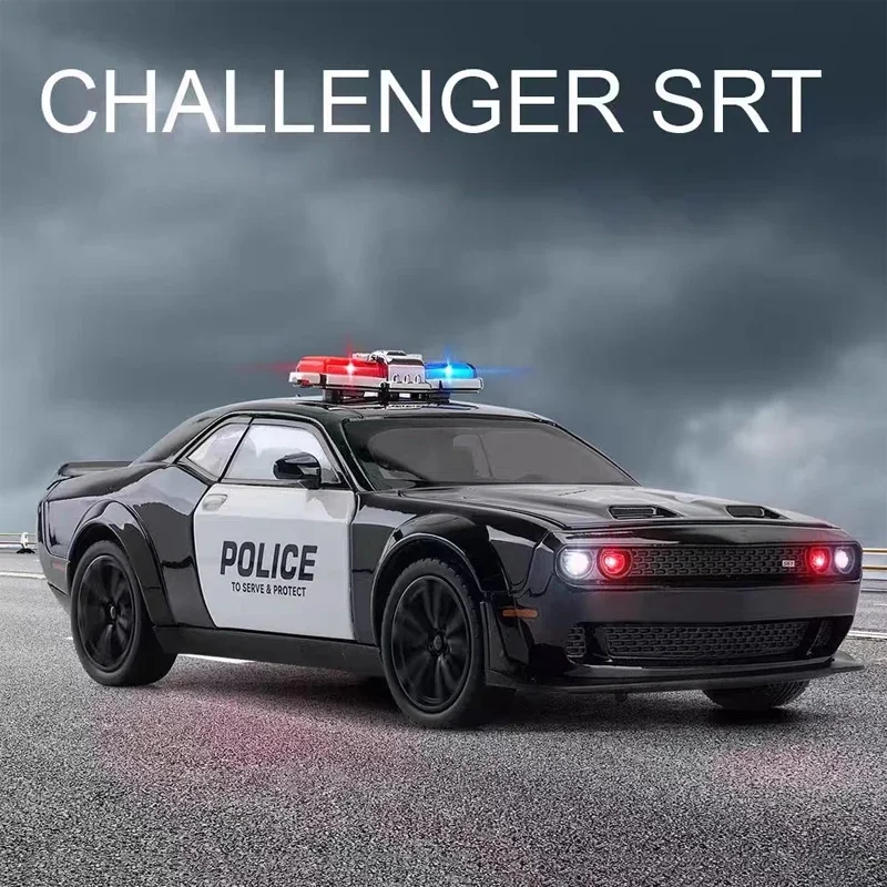 1:24 Police Dodge Challenger SRT Hellcat American Military Vehicle Alloy Metal Diecast Model Car Sound Light Collectibles Hobby