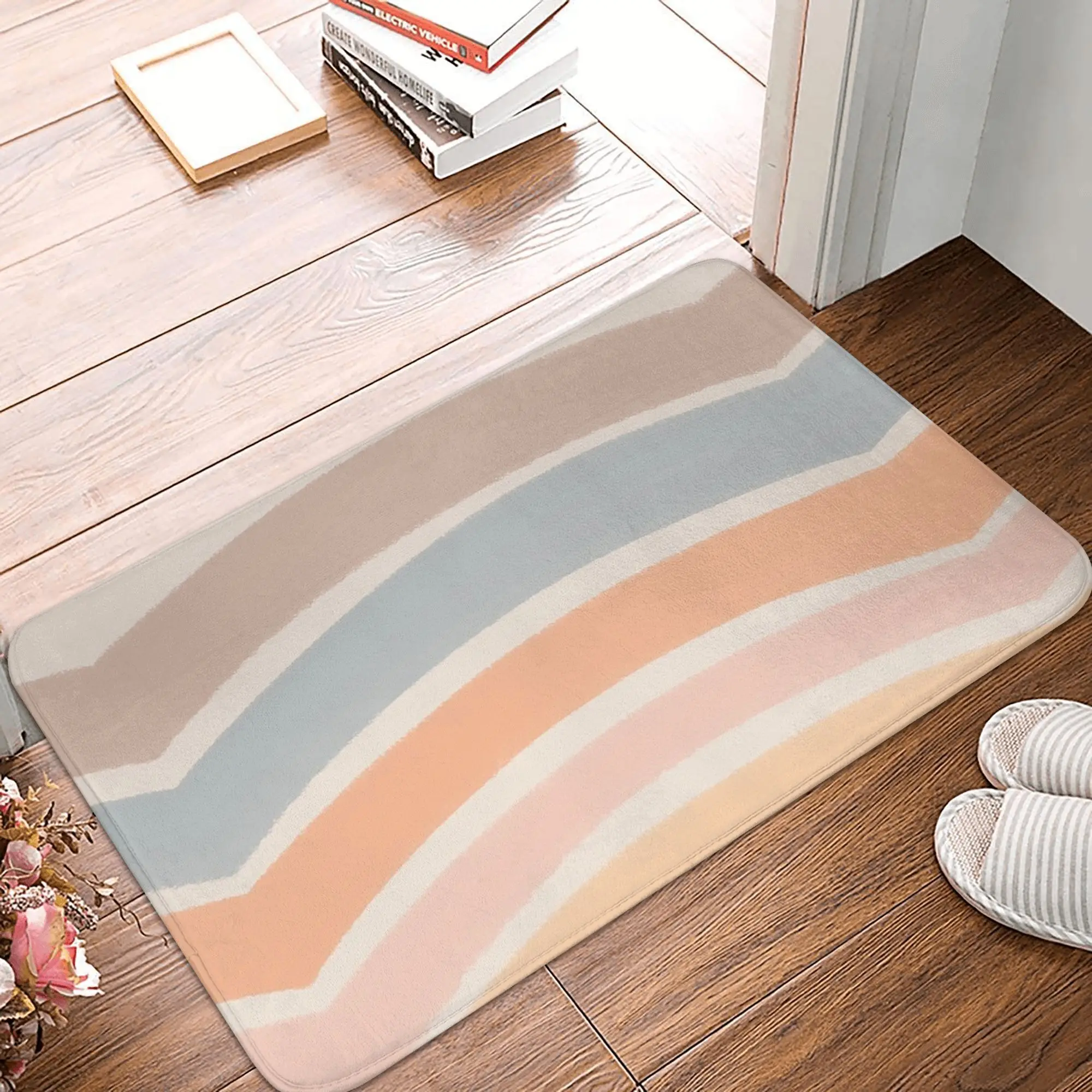 

Neutral Colors Wavy Lines Curvy Stripes Pattern Boho Aesthetic Muted Teal Anti-slip Doormat Floor Mat Home Bedroom Footpad Mats