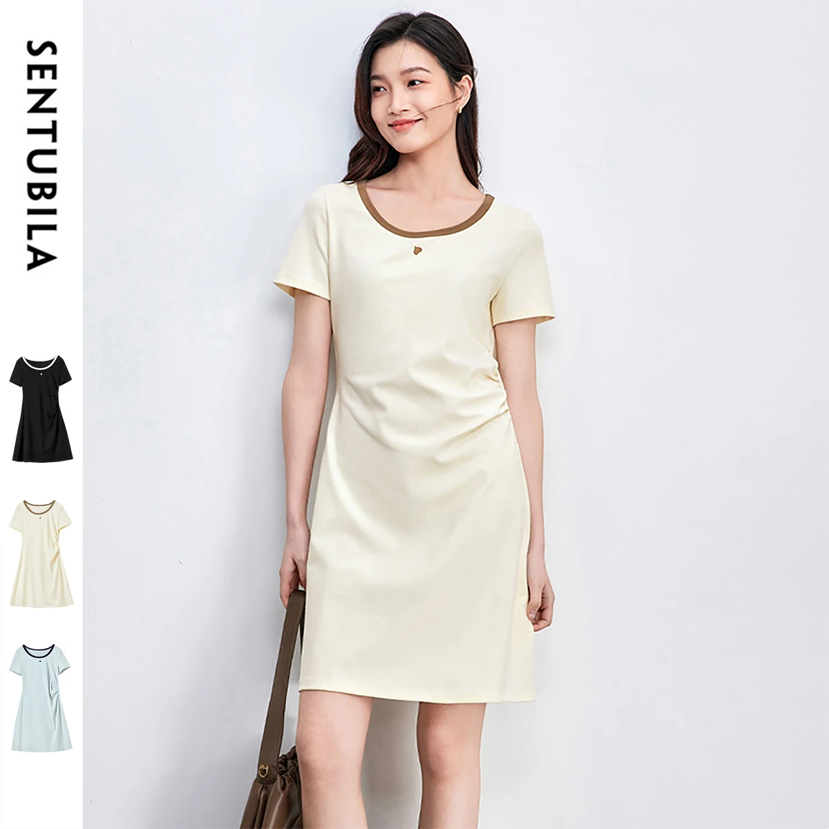 SENTUBILA Sukienka midi damska na lato 2025, łączona, z dekoltem w kształcie litery U, haftowana, dopasowana, codzienna, modna sukienka w kształcie litery A, model 152L59187