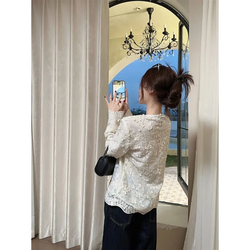 Mode geborduurd driedimensionaal kanten overhemd Franse nieuwe Chinese top vrouwelijke elegante effen kleur casual veelzijdig vest