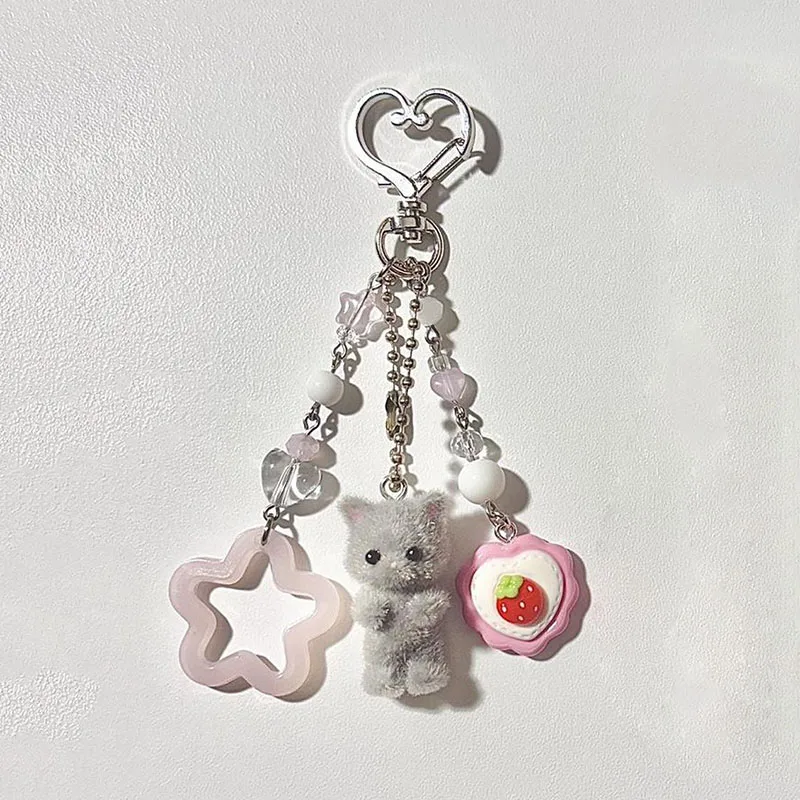 handmade matching flocked cat keychains beaded jewelry phone charm