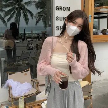 여성용 짧은 니트 자외선 차단 가디건, 얇은 코트, 작은 숄, 작업복 커버, 슬림 탑, 레트로 패션, 봄 및 여름 의류