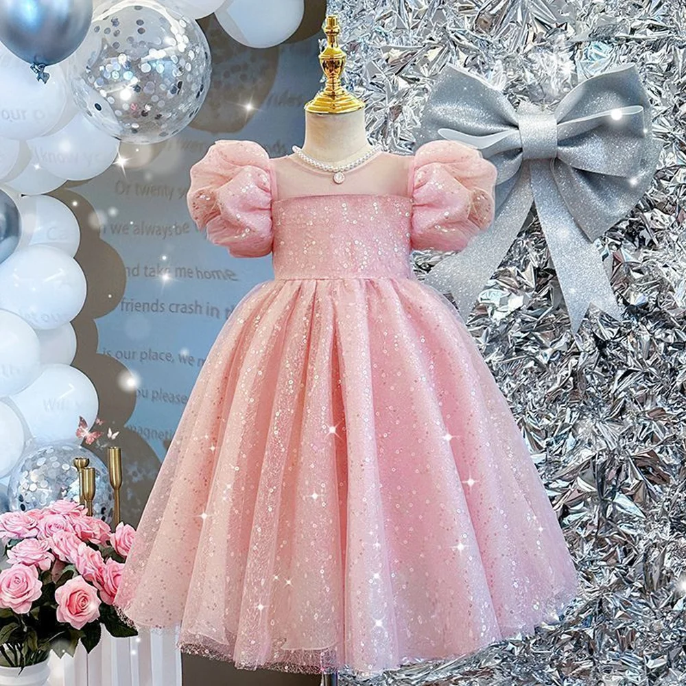 

Children's Dress Puff-sleeved Princess Dress For Girls Sweet Tulle Sequins Skirt Birthday Party Gifts Performance Prom Clothes
