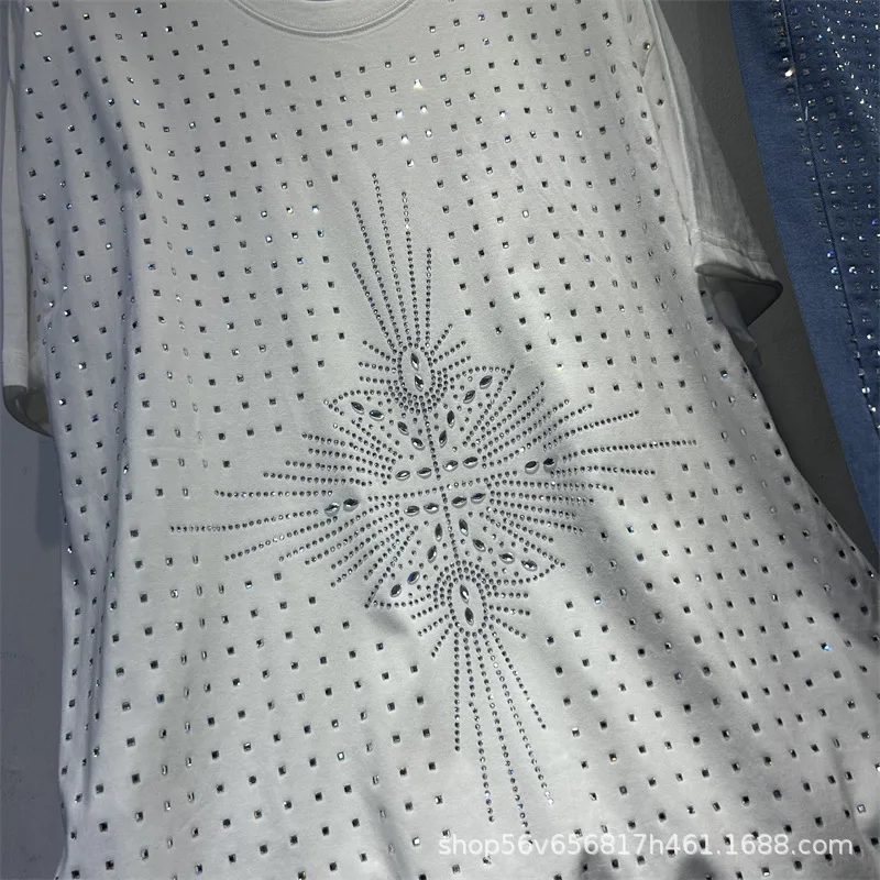 Trendy Women Two-piece Sets Full Diamonds Loose White Short Sleeve T-shirt Top + Rhinestone High Waist Wide Leg Straight Jeans