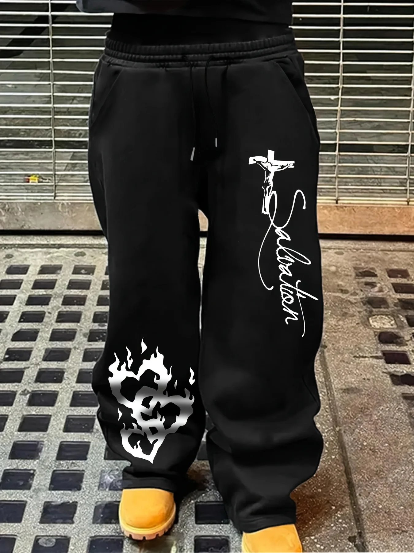Men's Casual Sports Jogging Pants, Jesus&Flame Heart-shaped Printed Sweatpants, Drawstring Wide Leg Casual Pants