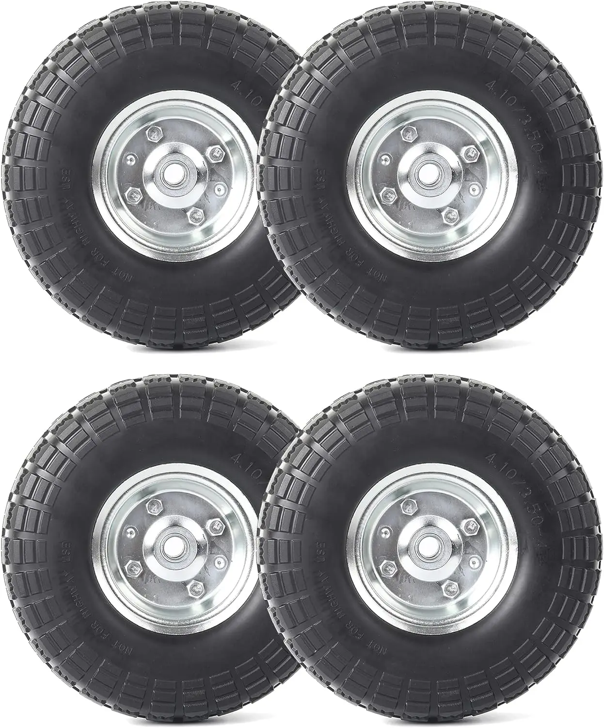 

(4-Pack) 10-Inch Solid Rubber Tire Wheels - Replacement 4.10/3.50-4" Flat Free Tire with 5/8" Bearings, 2.2" Offset Hub - Perfec