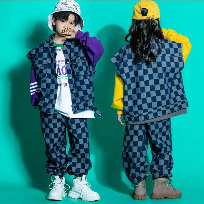 Kids Teen Kpop Outfits Hip Hop Clothing Checkered Denim Vest Joggers Pants For Girls Boys Jazz Dance Costume Streetwear Clothes