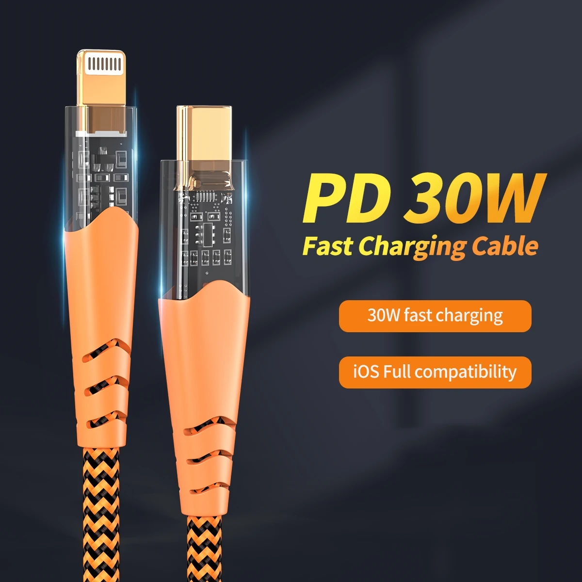 

PD 30W Type-C to Lightning Fast Charging Cable Transparent USB-C Charger Cable for iPhone 14 13 12 11 iPad-Golden-Plated Plug